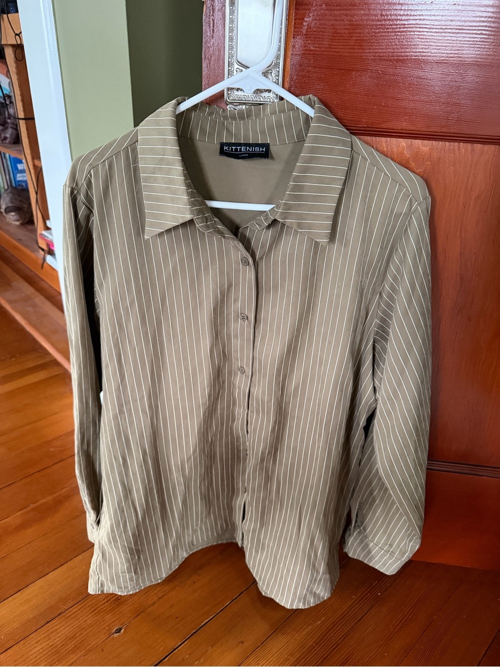 Kittenish women Tan Pinstripe Button-Down Shirt - Subtle White Stripes